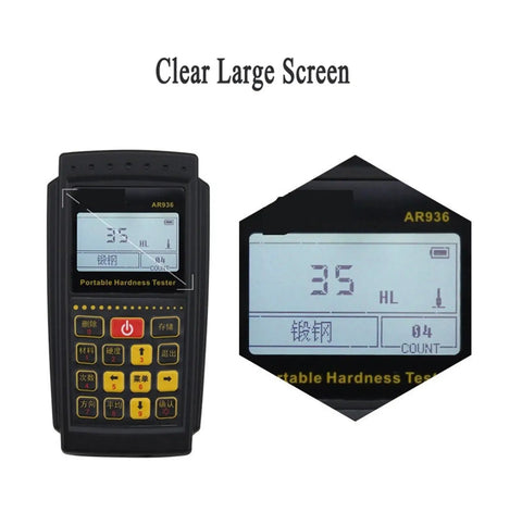 Super Handy Digital Hardness Tester For Metals with clear large screen showing 35 HL measurement and controls.