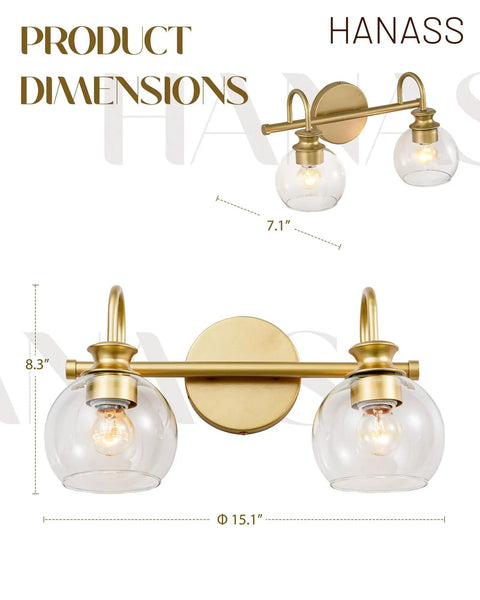 Gold Finish 15 Inch Two Light Vanity Light With Clear Globe Glass Shades dimensions illustration with mounting details.