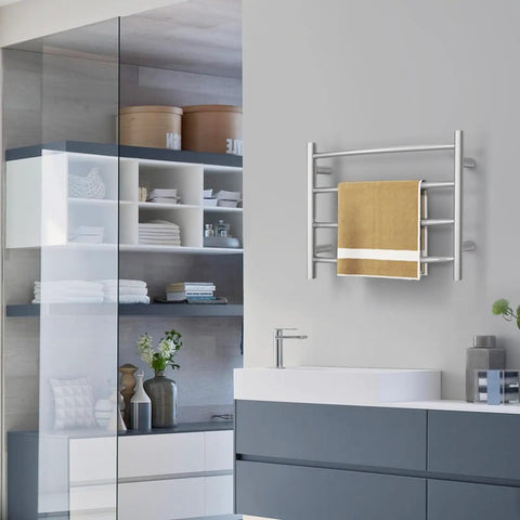 Brushed Nickel Wall Mounted Towel Warmer Rack Electric Stainless Steel Four Curved Bars For Bathroom Plug In 40W ETW29