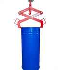 Heavy Duty Vertical Drum Lifter For 30 Gal Steel Hoops Pails Rises 1100 Lbs Safely, blue drum with red clamps and hook.