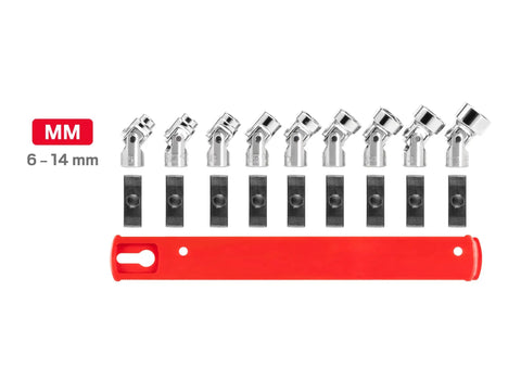 One Quarter Inch Drive Six Point Universal Joint Socket Set With Rail, Nine Piece, Six Through Fourteen Millimeter