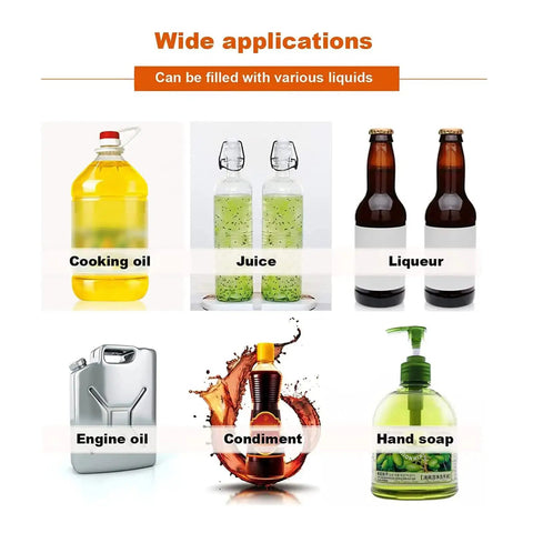 Pro Shop Heavy Duty Stainless Steel Automatic Liquid Filling Machine 10 To 2500 Ml Pneumatic Single Nozzle Anti Drip Build Smooth Operation Perfect For Bartenders And Brewers filled with various liquids.