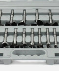 Pro Stock 16 Piece Forstner Drill Bit Set For Carpentry Projects features 16 heat treated steel bits in a carrying case.