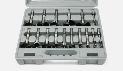 Pro Stock 16 Piece Forstner Drill Bit Set For Carpentry Projects features 16 heat treated steel bits in a carrying case.