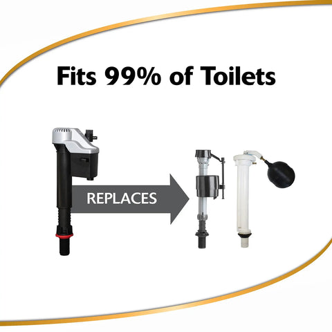 QuietFILL Platinum Toilet Fill Valve Universal Fit For 99 Percent Toilets next to old valve replacement diagram