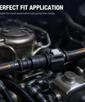 Close-up of Heavy Duty Two Pack 3/8 Fuel Line Quick Connectors in engine, showcasing 180 Degree Hose Coupler for fuel lines.