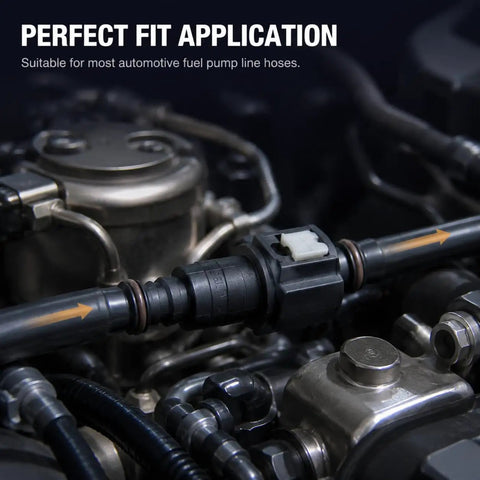 Close-up of Heavy Duty Two Pack 3/8 Fuel Line Quick Connectors in engine, showcasing 180 Degree Hose Coupler for fuel lines.