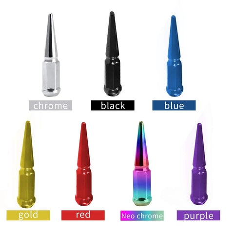Various colored spike lug nuts including red, black, blue, chrome, gold, neo-chrome, and purple.