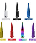 Various colored lug nuts including purple, black, blue, gold, and more in spike shape, different finishes shown.