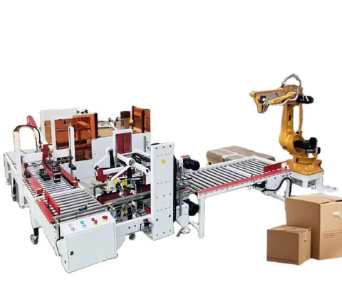 Effortless Box Sealer Machine For Fast Carton Sealing, Heavy Duty Sealing Equipment With Simple Operation And Adjustable Speed, Built For Fulfillment Centers, Warehouses, And Small Business Shipping Needs, white conveyor line with robotic arm and cartons
