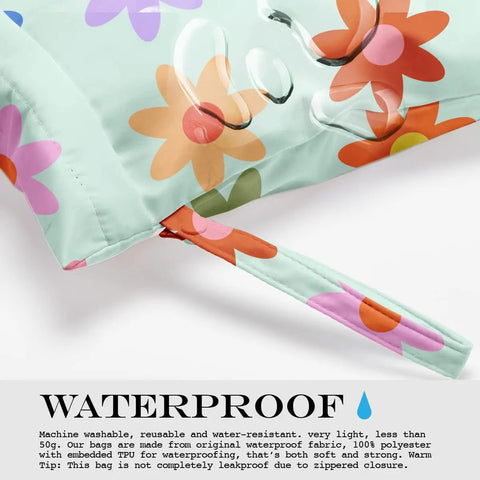Close-up of Waterproof Wet Bag And Travel Buddy For Swimwear, Diapers, Gym Clothes, Toiletries, And Makeup with Daisy Floral Pattern