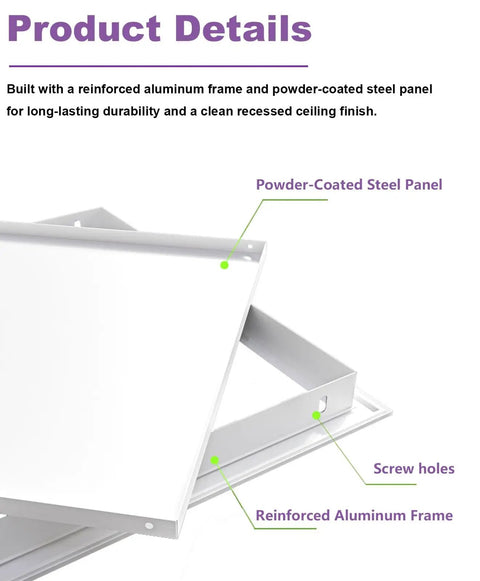Close-up of 24x24 Flip-Up Ceiling Access Panel No Sweat Install Push Pop Cover Lift-Up Hinge for Attic Plumbing HVAC Drywall showing aluminum frame and steel panel.