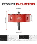 Front view of red 102mm (4-inch) bi-metal hole saw with pilot drill bit and triangle shank (HSS).