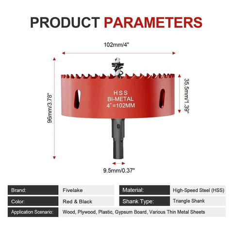Front view of red 102mm (4-inch) bi-metal hole saw with pilot drill bit and triangle shank (HSS).