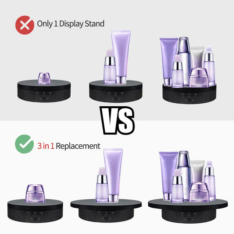 Zlmondee Remote Controlled Motorized Rotating Display Stand Turntable showcasing different product arrangements on a 5.74 inch base.