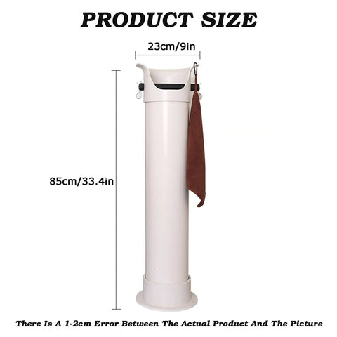 Slick Black Espresso Dump Bin, Detachable Vertical Coffee Grounds Bucket, 85cm tall, 23cm wide, white with brown towel.