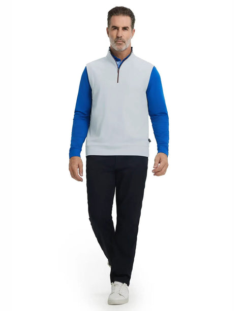Man wearing Stretchy Golf Vest For Men Lightweight Breathable Quick Dry Stand Collar Quarter Zip Pullover With Windproof Flap.