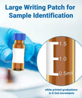 Pro Move 2ML Amber Glass Autosampler Vials With 9-425 Screw Top Caps And PTFE Silicone Septa For HPLC And GC Chromatography Labs 1000 Pack showing large writing patch for identification.