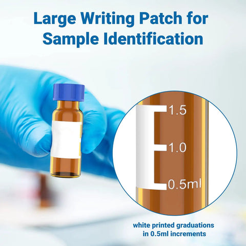Pro Move 2ML Amber Glass Autosampler Vials With 9-425 Screw Top Caps And PTFE Silicone Septa For HPLC And GC Chromatography Labs 1000 Pack showing large writing patch for identification.