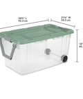 Heavy Duty Rolling Storage Bins, 40 Gallon Capacity, 2 Pack Garage Organization Cart With Wheels, Hella Tough Mobile Container For Moving Supplies, Workshop Tools, And Camping Gear, Green Sage - clear plastic tote with green lid and wheels.