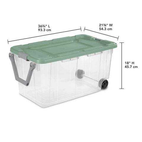 Heavy Duty Rolling Storage Bins, 40 Gallon Capacity, 2 Pack Garage Organization Cart With Wheels, Hella Tough Mobile Container For Moving Supplies, Workshop Tools, And Camping Gear, Green Sage - clear plastic tote with green lid and wheels.