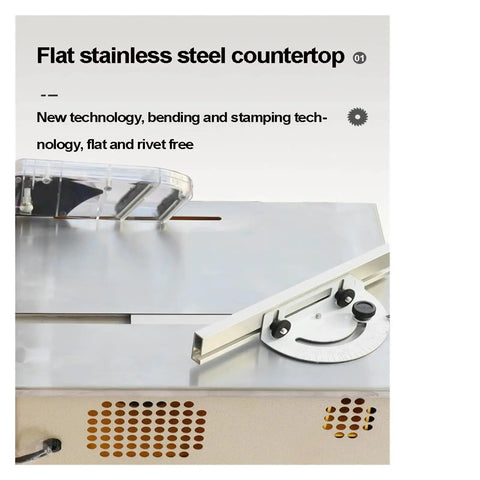 Portable Table Saw With Dustproof Shroud, Precision Angle Tilting, showcasing a flat stainless steel countertop and bevel settings.
