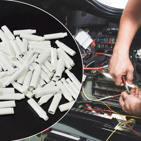 100 Pack White Dry B Wire Connectors for Low Voltage Splices Indoor Use 18 to 30 Gauge Brass Crimp Non Gel Quick Squeeze Corrosion Resistant Terminals shown with wiring setup