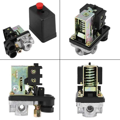 Air Compressor Pressure Switch With Red On Off Knob Durable Four Port Inlet Easy Install High Performance PSI Control For Home Shop Projects And DIY Reliable