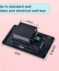 Heavy Duty Black USB Wall Outlets 4 In 1 Receptacles With Dual 2A 5V Charging Ports dimensions on a pink background.