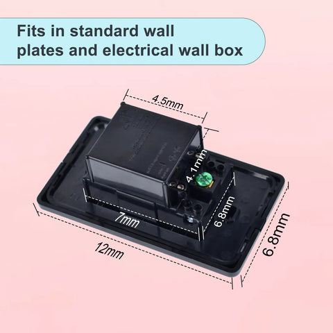 Heavy Duty Black USB Wall Outlets 4 In 1 Receptacles With Dual 2A 5V Charging Ports dimensions on a pink background.