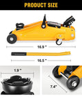 Low Profile Hydraulic Trolley Jack Set With Two Ton Capacity And Two Ratchet Jack Stands, side view showing dimensions and handle
