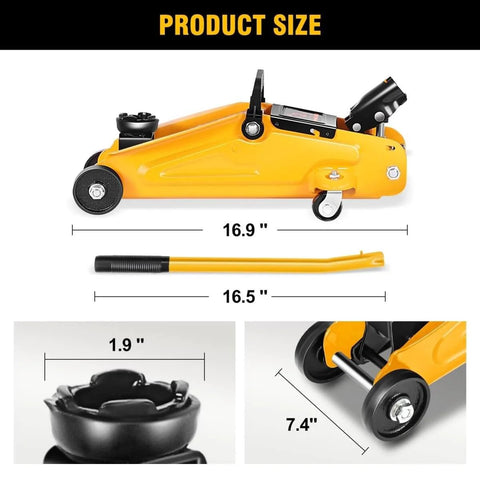 Low Profile Hydraulic Trolley Jack Set With Two Ton Capacity And Two Ratchet Jack Stands, side view showing dimensions and handle
