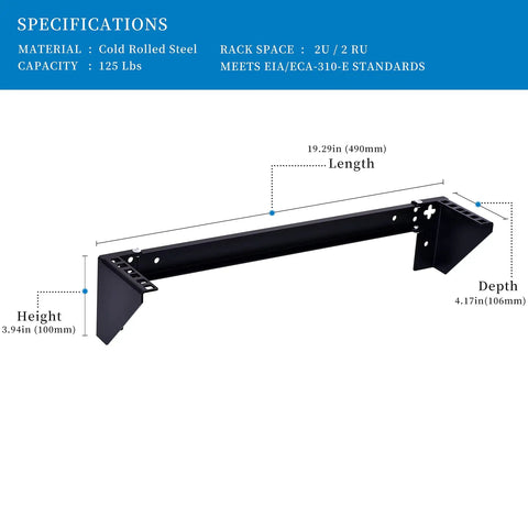2U Vertical Wall Mount Rack Beefy Heavy Duty 125lbs Capacity Bracket For Server And Network Gear with dimensions displayed