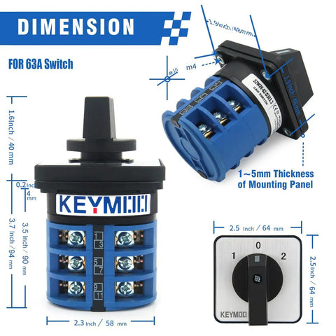 63A Heavy Duty Rotary Changeover Switch With Three NO And Three NC Two Way Three Position Three Phase Twelve Terminals 660V