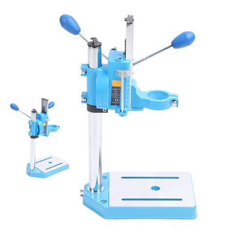 Jiawu High Capacity Electric Drill Stand Rotatable Bench Press For Wood Plastic Iron With 80mm Stroke Cast Iron Base viewed from the side.
