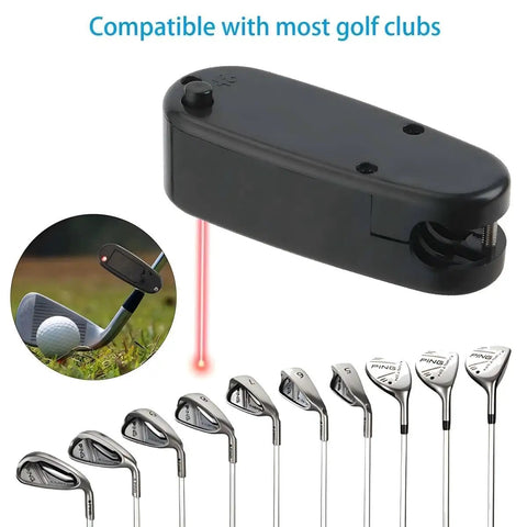 Premium Golf Putter Laser Pointer Putting Trainer Aim Line Corrector clamped to a golf club with a red laser beam.