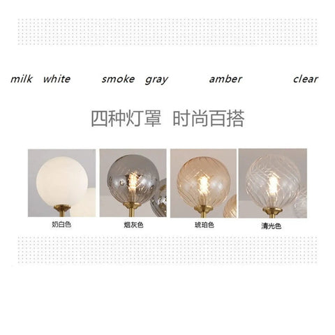 Nordic Minimalist Magic Bean LED Pendant Lamp French Glass Ball U-Shaped Chandelier in milk, smoke gray, amber, and clear options.