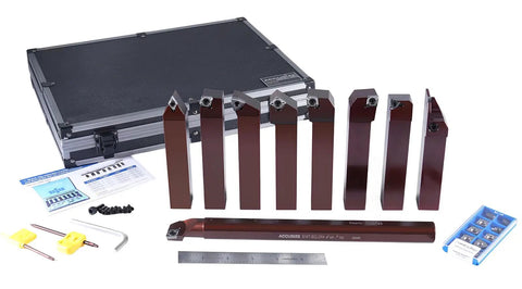 One Inch Shank Nine Piece Indexable Turning And Boring Set With Uncoated Sharp Edge Carbide Inserts For Aluminum And Non-Ferrous Metals Includes Eight One By One Holders For Precision Machining displayed with accessories and a case