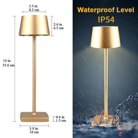 Gold cordless table lamp with 5200mAh battery, IP54 waterproof, aluminum alloy, 14-inch height, ideal for patios, bars, cafes.