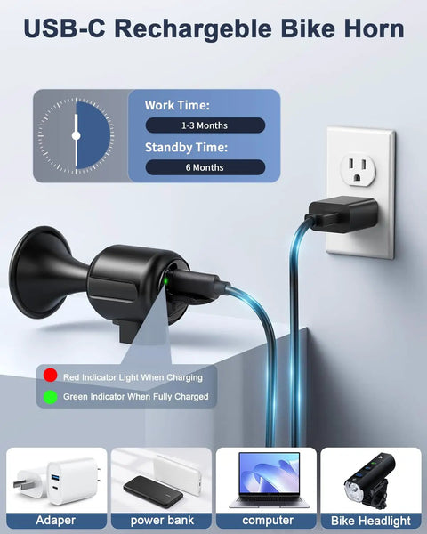 120dB Bike Horn With Anti Theft Alarm, Wireless Remote, USB C Rechargeable, Suspension Mount, IPX5 Waterproof, Great For E Bikes, Scooters And Kids Bicycles, Loud Electric Bicycle Horn