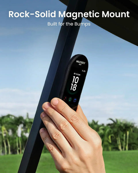 Handheld Golf GPS Rangefinder With 43000 Preloaded Courses No Monthly Fees magnetic mount in use on golf cart post