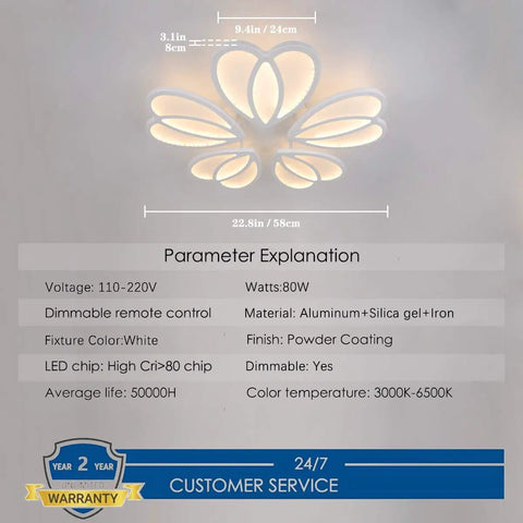 Lit 80W LED Ceiling Light With Remote Control Dimmable Modern Flower Shape Flush Mount Chandelier specifications chart