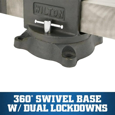 Heavy Duty 4 Inch Bench Vise With 360 Degree Swivel Base Double Lockdowns close-up view of swivel base and lockdown mechanism
