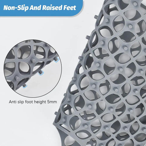 Close-up of heat resistant silicone sink mat for kitchen, two pack 13.8 by 11.4 inches, raised feet design for quick drainage.