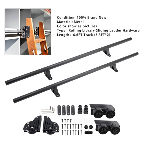 6.6Ft Rolling Library Ladder Hardware Kit with Floor Roller and Brake, Heavy Duty Carbon Steel, includes 3.3Ft sections