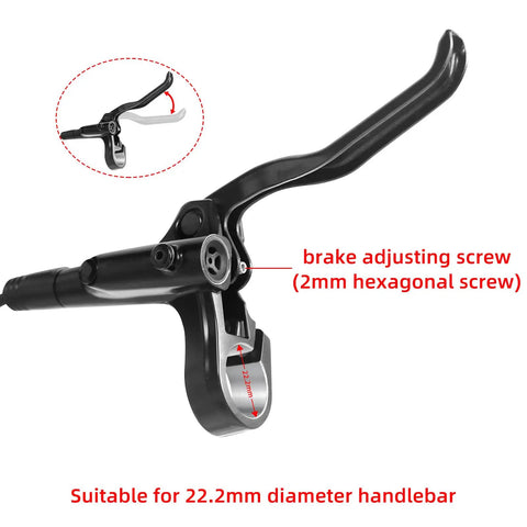 MT200 Hydraulic Disc Brake Set lever focus, showing brake adjusting screw and 22.2mm handlebar suitability for mountain bikes.