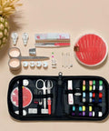 Open leather sewing kit 27 piece set pro grade with needles, awls, punches, threaders, cutters, and sewing machine tools on display