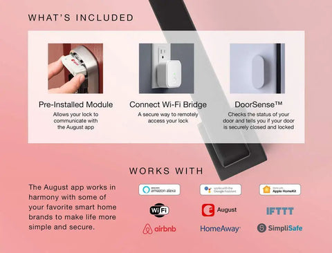 Slick Motorized Touchscreen Keypad Smart Deadbolt August Connected With Wifi Bridge components, including pre-installed module and DoorSense.