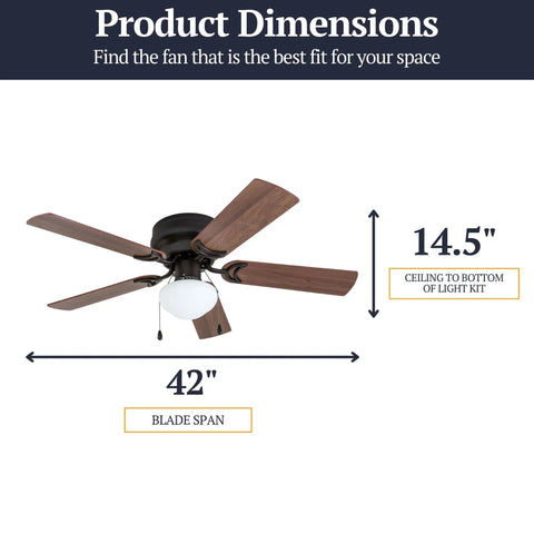 42 Inch Indoor Ceiling Fan With Light LED Flush Mount 5 Blades Bronze Finish With Light Cherry And Maple Brown Blades Quiet Pull Chain Control Reversible Motor For Year Round Comfort Keeps Your Space Chill In Small Rooms Up To 100 Sq Ft. with dimensions of 42 inch blade span and 14.5 inch height ceiling to light kit