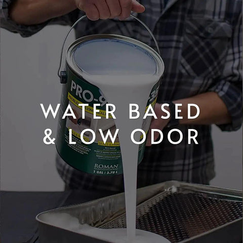 Person pouring Clear Water Based Primer Sealer For Drywall And Wallpaper, Low VOC 5 Gallon Kit into a tray